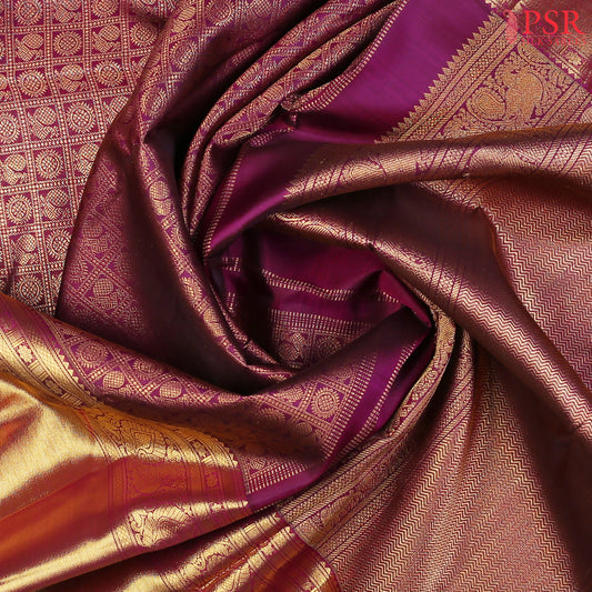 Burgundy Kanchipuram Silk Saree with Golden Zari Checks, Mayura & Chakra Motifs – Bridal Kanjivaram Collection by PSR Silks