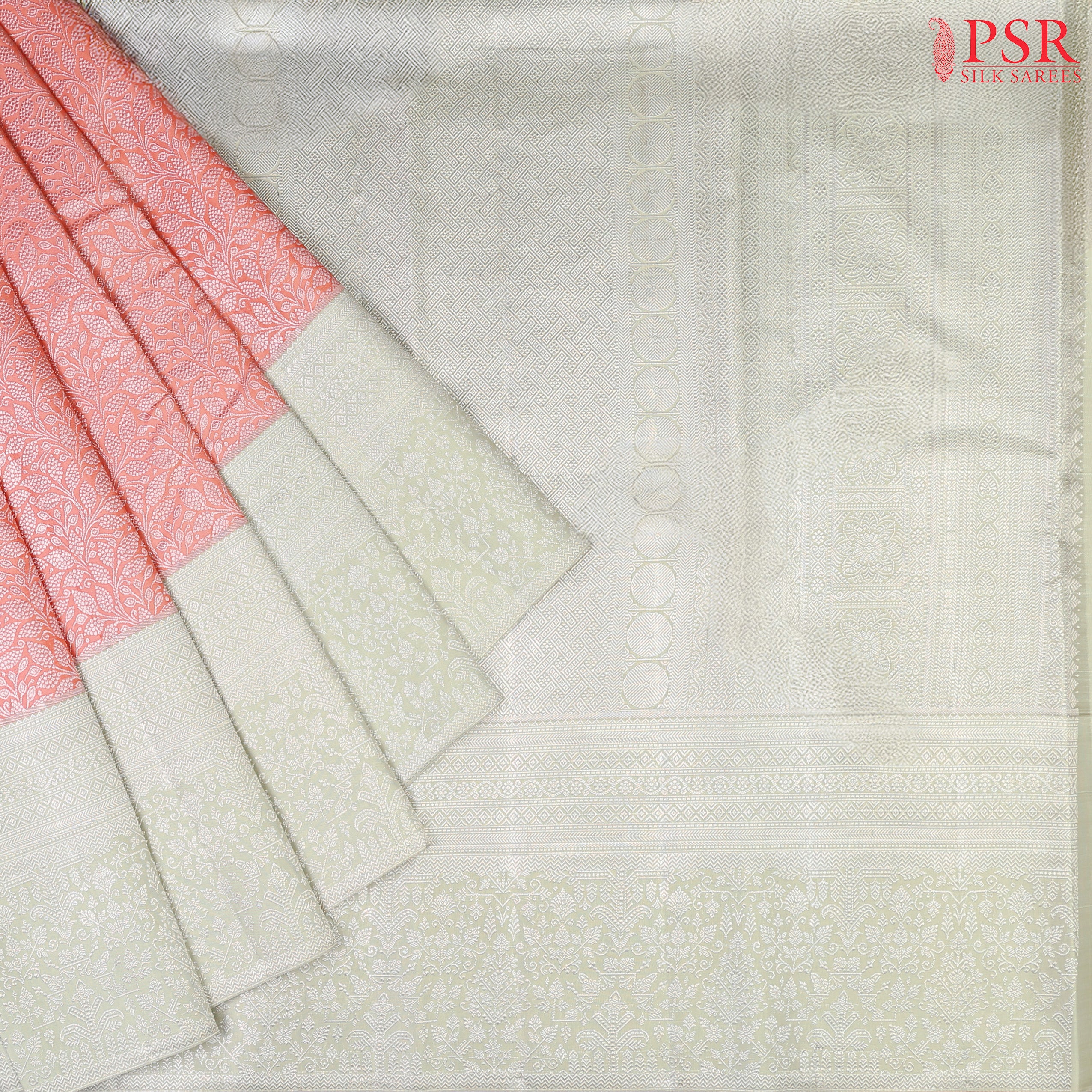 This Candlelight Peach &amp; Pastel Olive Kanchipuram Silk Saree from PSR Silk Sarees is an exquisite addition to the "Vaichitrya Kanjivaram" collection.