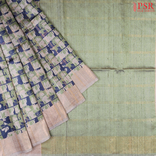 Adorn timeless charm with PSR Silks' Celadon Green & Prussian Blue Kadhi Tussar Silk Saree, a masterpiece infused with subtle Grey hues