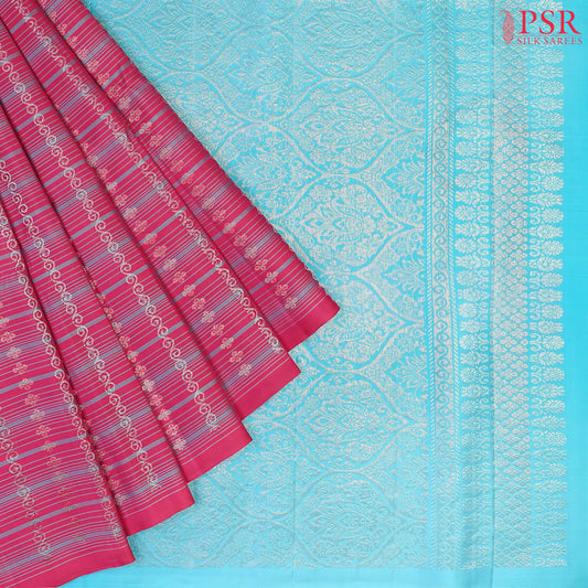 PSR Silk Sarees presents a Cerise&nbsp;Soft Silk Saree, beautifully complemented with an Light Blue combination. 