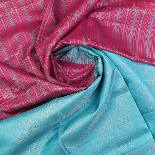 PSR Silk Sarees presents a Cerise&nbsp;Soft Silk Saree, beautifully complemented with an Light Blue combination. 