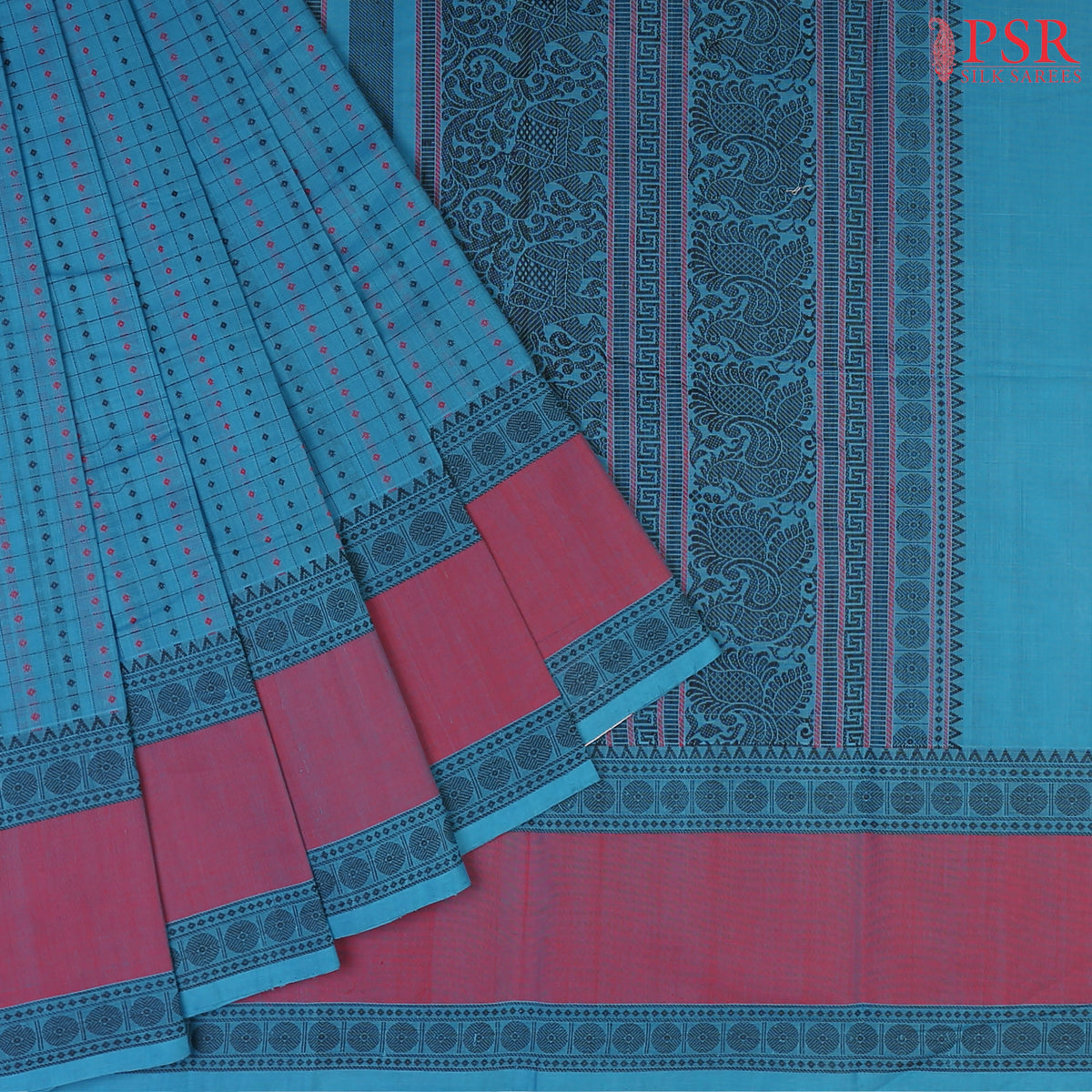 PSR Silks presents a traditionsal handloom Kalakshetra Kovai Cotton saree in a captivating Cerulean Blue, beautifully weaved pink &amp; black thread work.