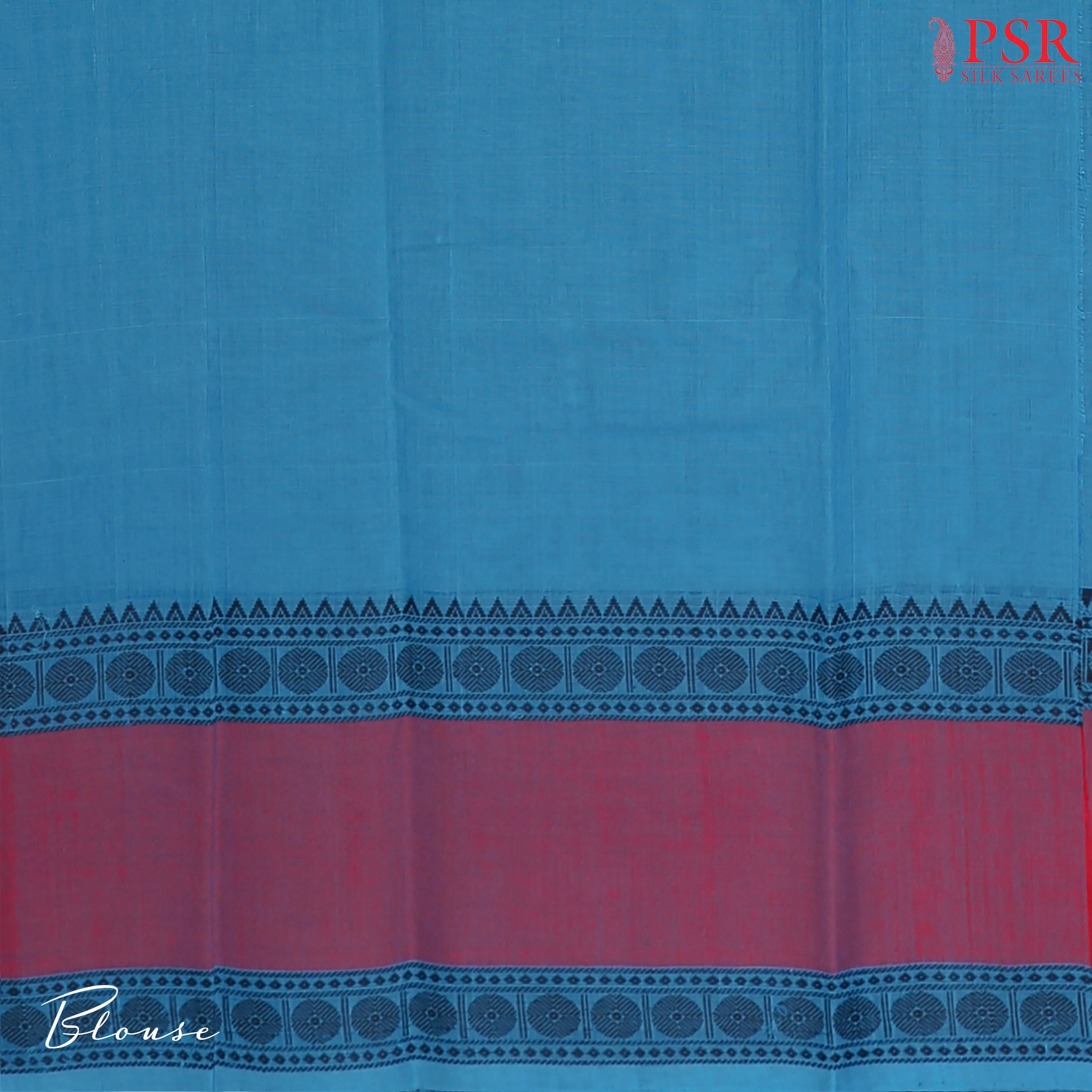 PSR Silks presents a traditionsal handloom Kalakshetra Kovai Cotton saree in a captivating Cerulean Blue, beautifully weaved pink &amp; black thread work.