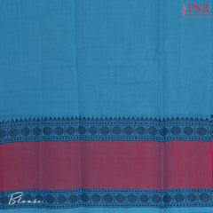 PSR Silks presents a traditionsal handloom Kalakshetra Kovai Cotton saree in a captivating Cerulean Blue, beautifully weaved pink &amp; black thread work.