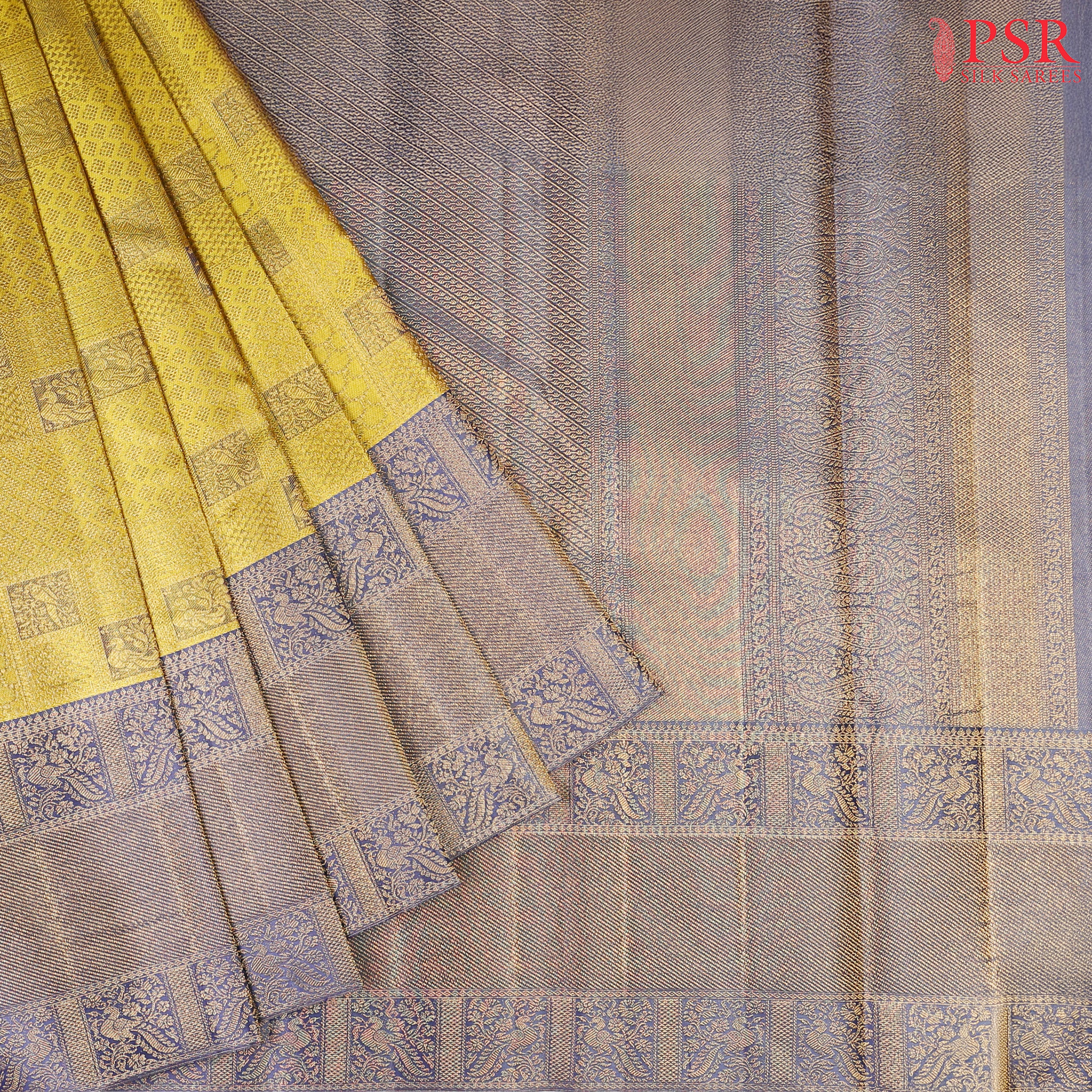 his Citrus Yellow &amp; Dark Steel Blue Kanchipuram Silk Saree from PSR Silk Sarees is a radiant addition to the "Vaichitrya Kanjivaram" collection