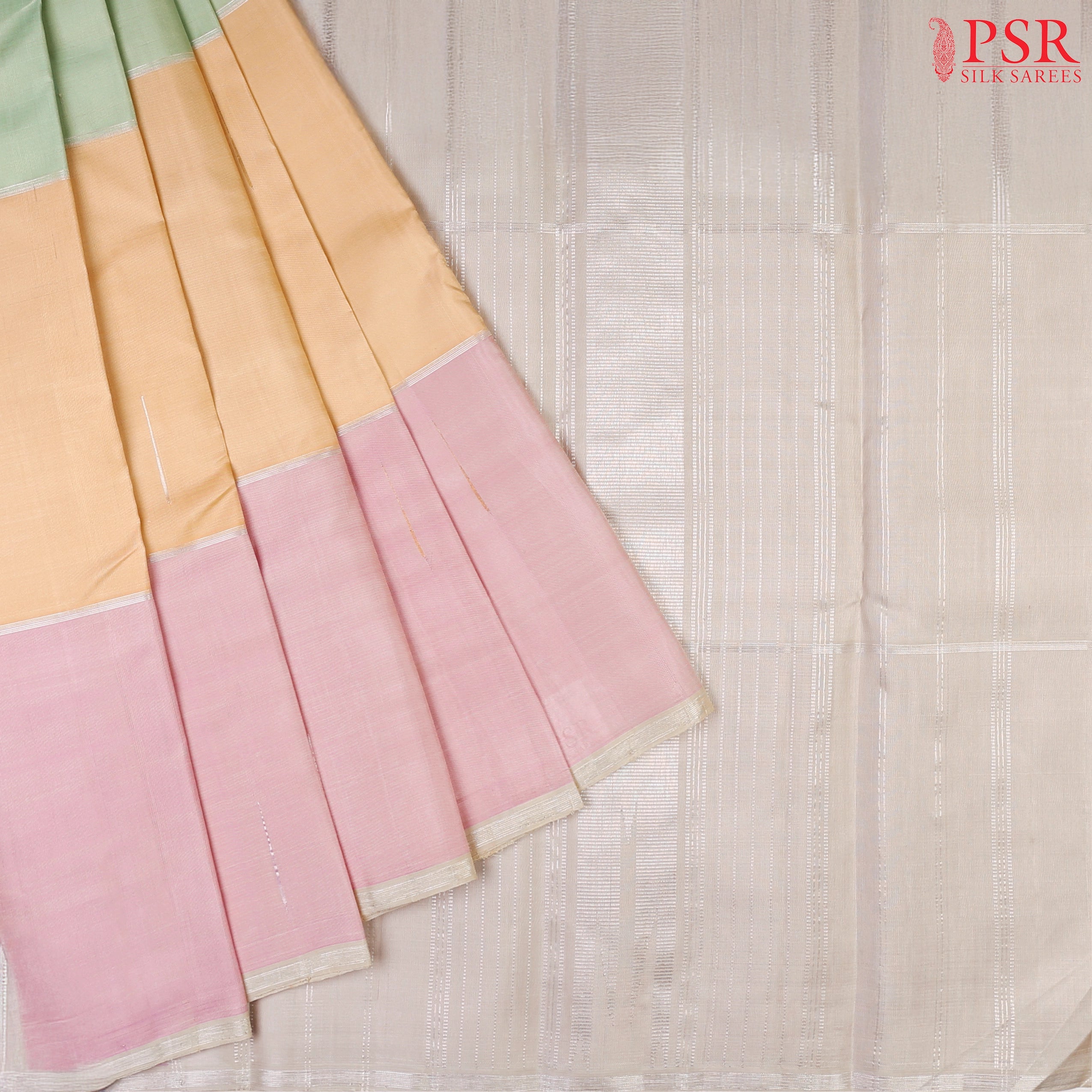 Multicolor Cassata-Inspired Kanchipuram Silk Saree with Silver Zari Stripes, Malli Moggu Motifs, Light Abalone Grey Zari Chit Pallu & Striped Blouse – PSR Silks