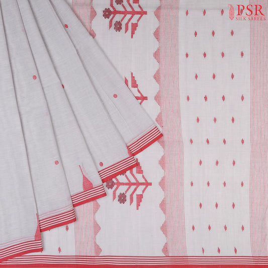 Cool Grey Byloom Cotton Saree with Small Coin Thread Motifs, Thread Work Pallu & Simple Border – PSR Silks