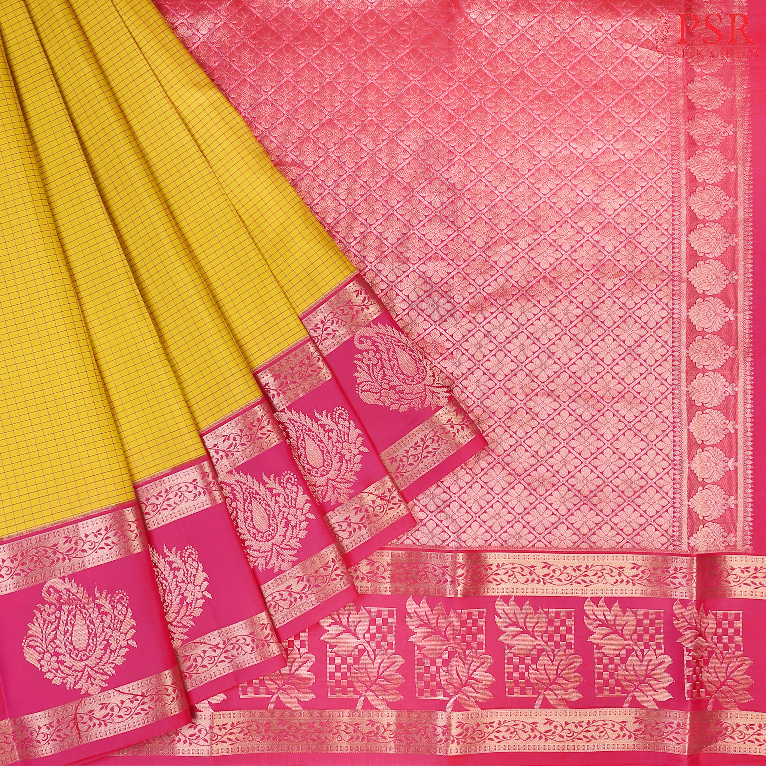 PSR Silks presents a Corn Yellow Fancy Kanchipuram Silk Saree, elegantly paired with a striking Magenta Pink combination. A timeless blend of tradition and grace