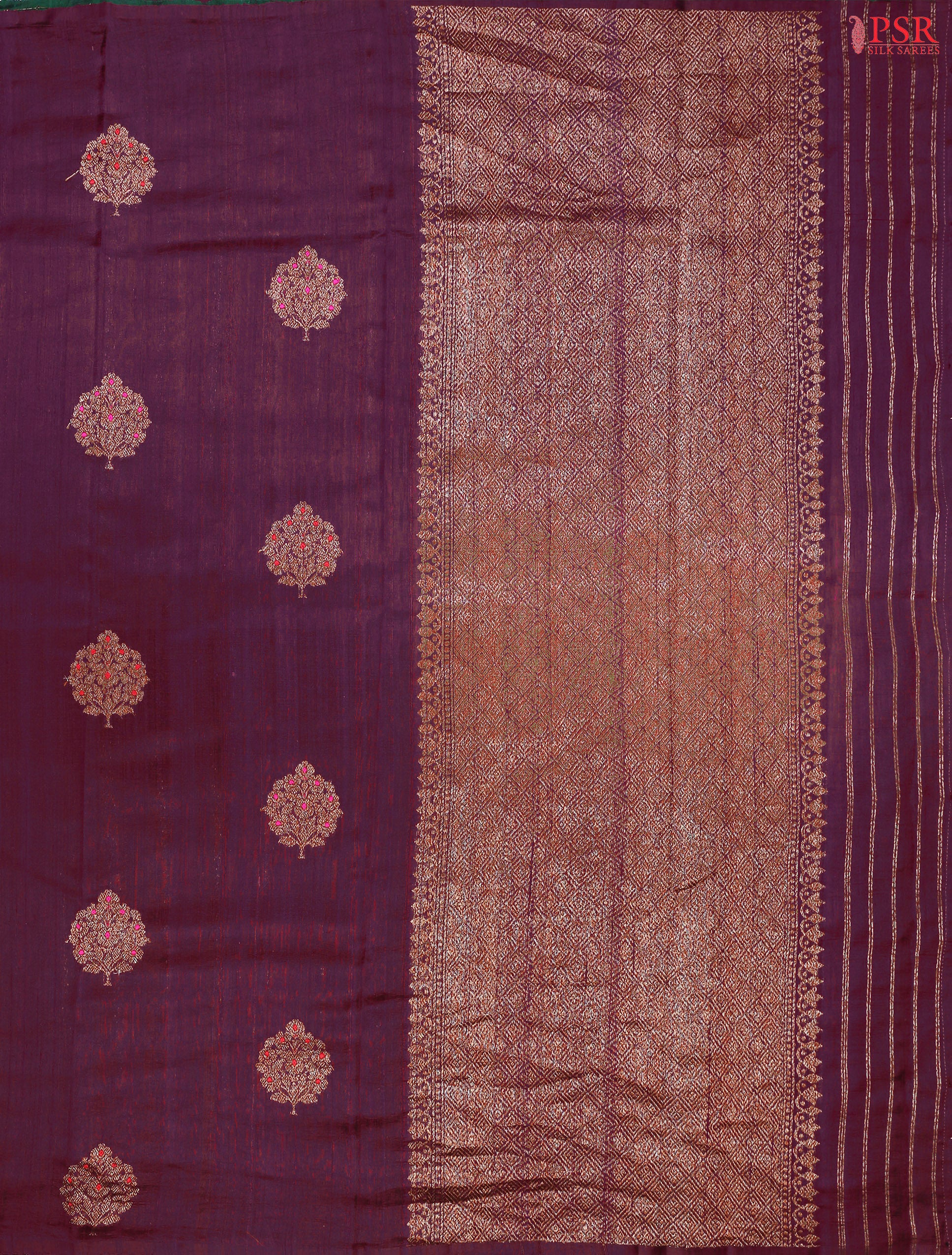 PSR Silks proudly presents a regal Dark Byzantium Purple&nbsp;Banaras Jute Silk Saree, paired with a rich Dark Green combination.