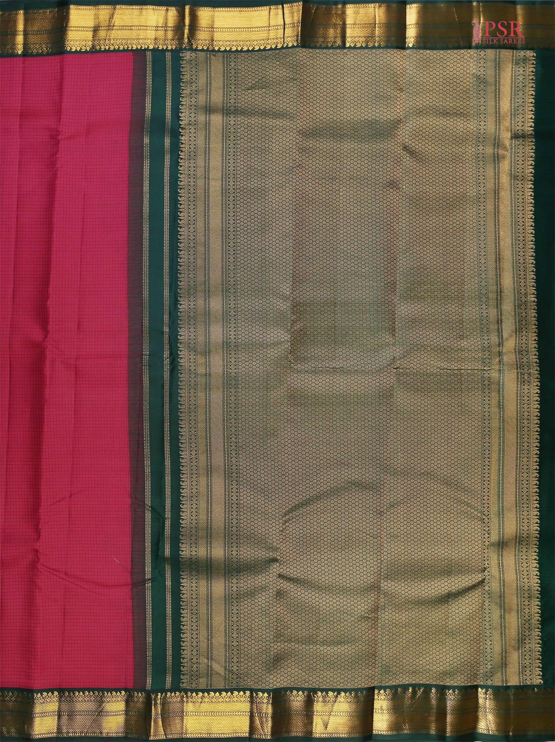 PSR Silks presents a Dark Cerise Pink Fancy Kanchipuram Silk Saree, elegantly paired with a striking Dark Green combination. A timeless blend of tradition and grace!