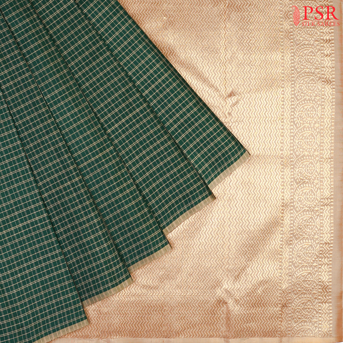 PSR Silks presents a Dark Green colored Arani Silk saree with combination of Tussar Beige color.