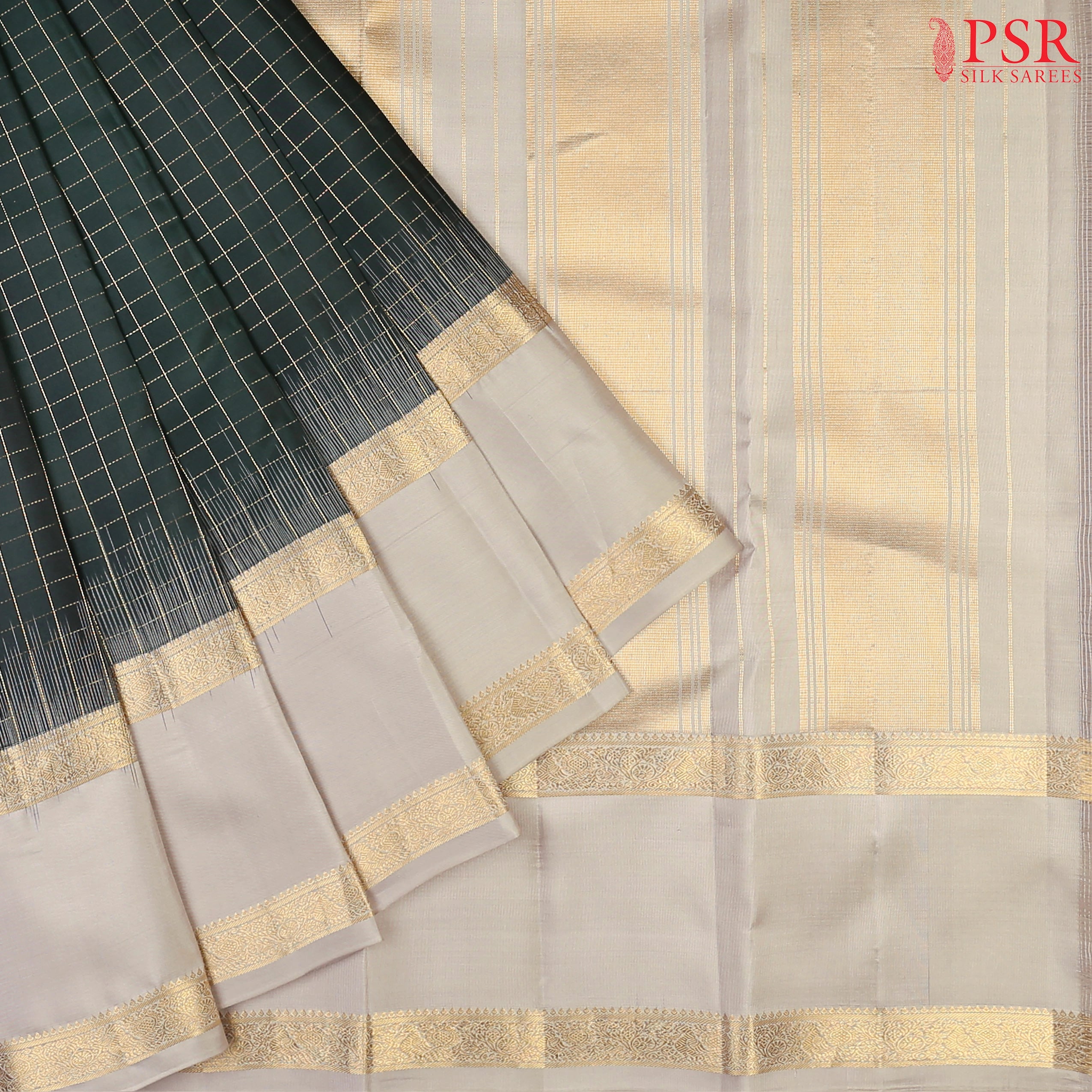 PSR Silks presents a Dark Green Fancy Kanchipuram Silk Saree, elegantly paired with a striking Gainsboro Grey combination. A timeless blend of tradition and grace!