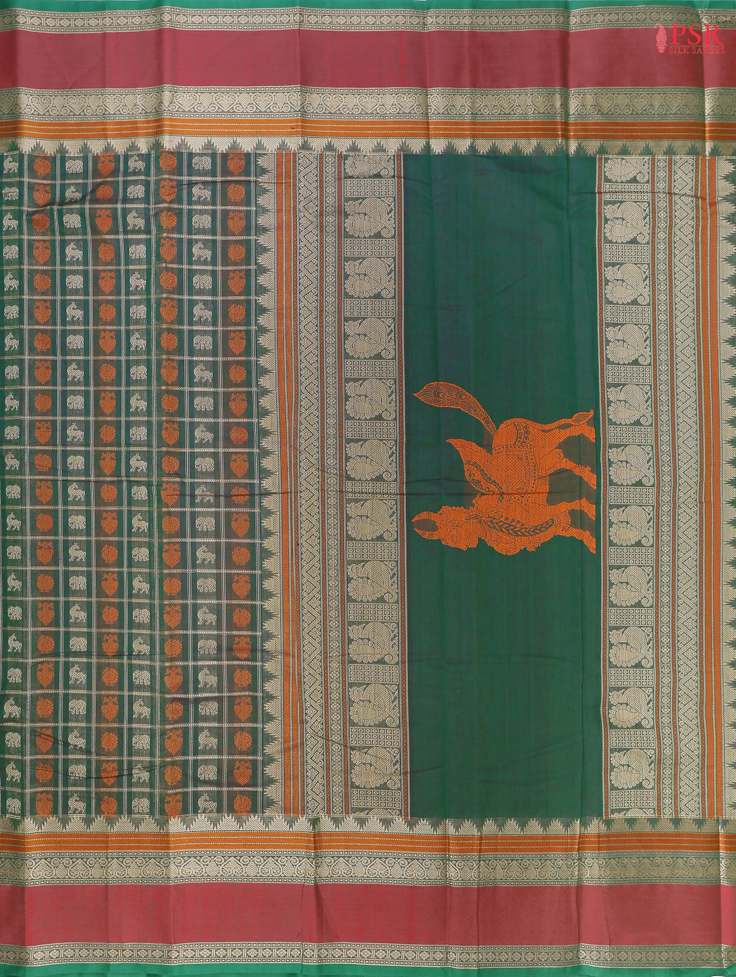 PSR Silks presents a traditional handloom Kalakshetra Kovai Cotton saree in a captivating Dark Green beautifully weaved with beige & orange thread work.