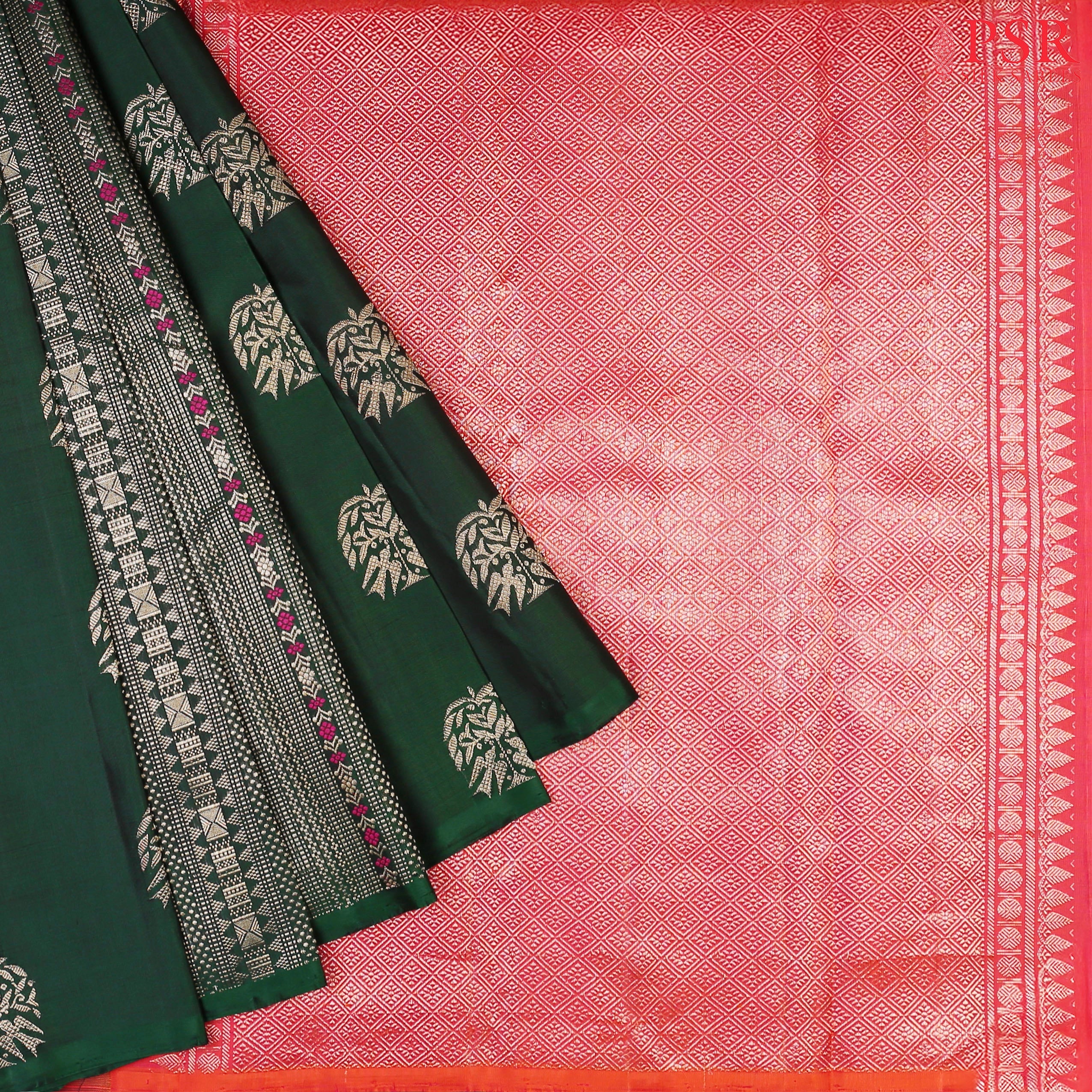 Dark Green Borderless Kanchipuram Silk Saree with Zari Weaving & Salmon Pink Zari Pallu – Shrestha Kanjivaram by PSR Silks