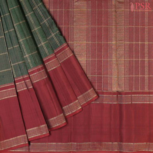 Dark Green Kanchipuram Silk Saree with Golden Zari Checks, Vaira Oosi Stripes, Maroon Zari Chit Pallu & Long Maroon Border – PSR Silks