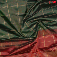 Dark Green Kanchipuram Silk Saree with Golden Zari Checks, Vaira Oosi Stripes, Maroon Zari Chit Pallu & Long Maroon Border – PSR Silks