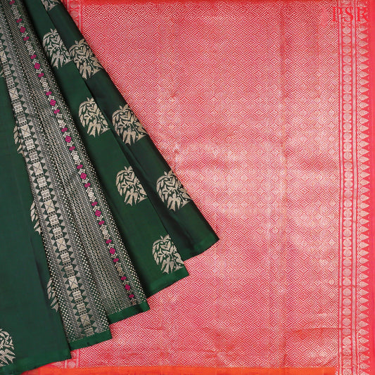 Dark Green Borderless Kanchipuram Silk Saree with Zari Weaving & Salmon Pink Zari Pallu – Shrestha Kanjivaram by PSR Silks