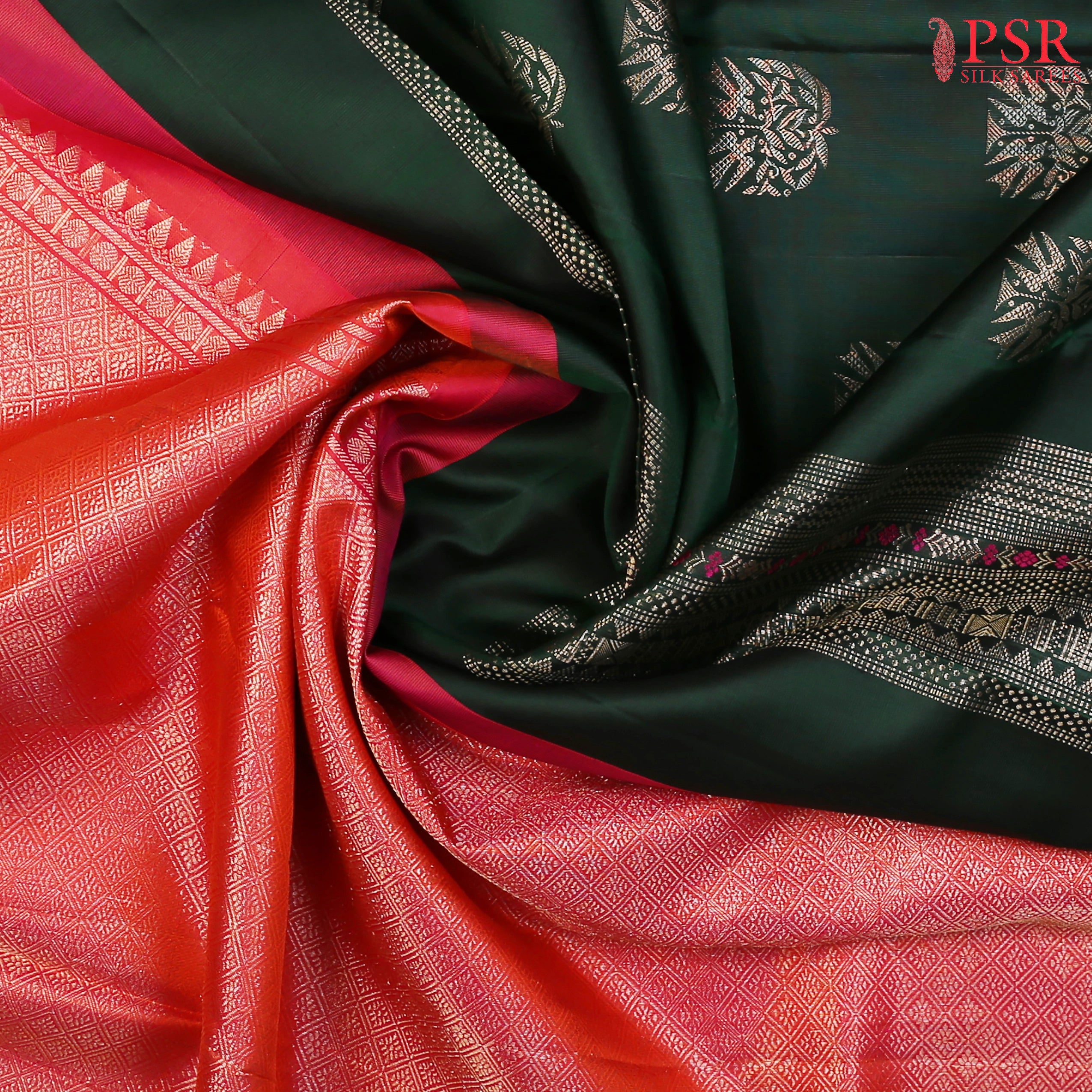 Dark Green Borderless Kanchipuram Silk Saree with Zari Weaving & Salmon Pink Zari Pallu – Shrestha Kanjivaram by PSR Silks