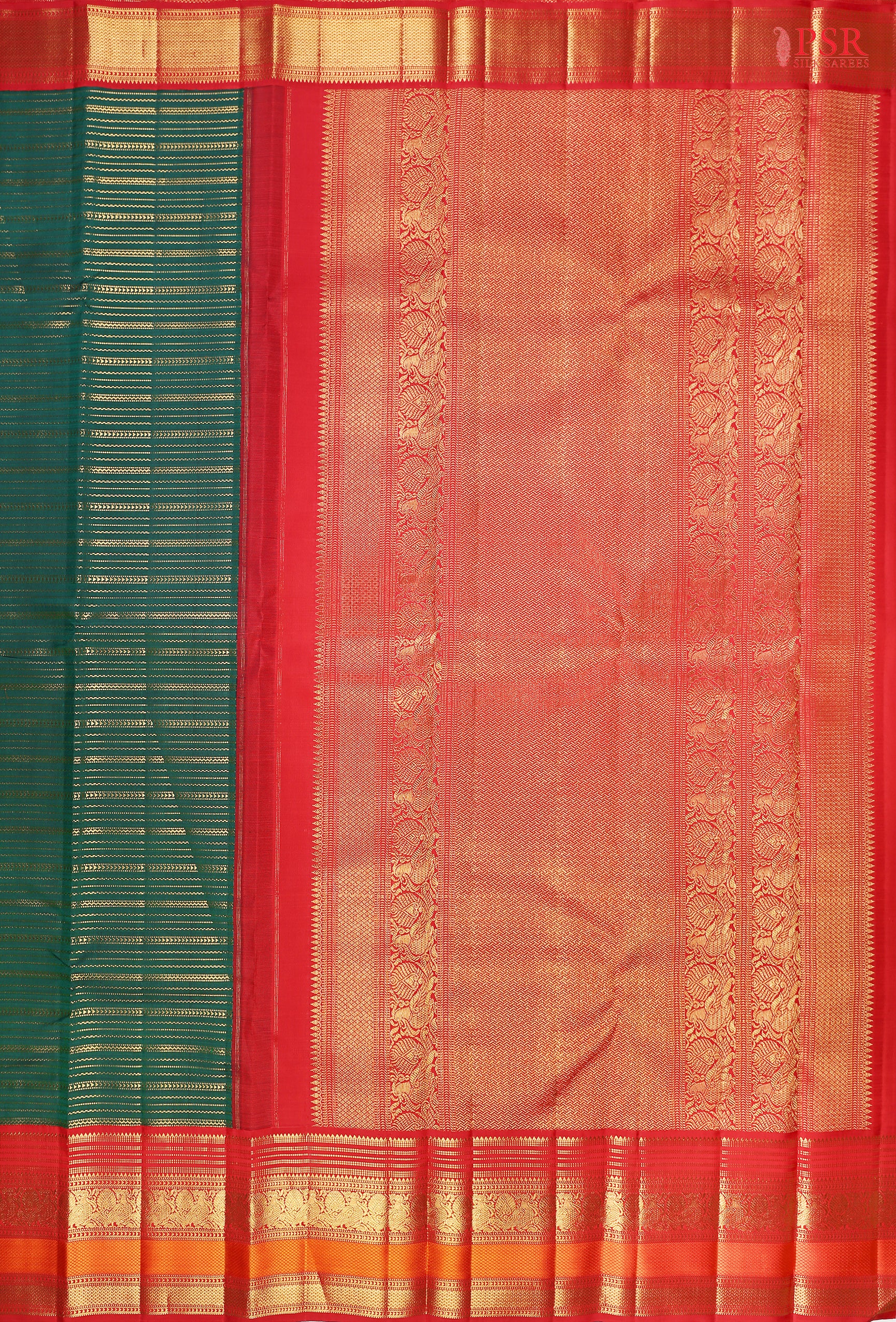 This Dark Green & Red Kanchipuram Silk Saree from PSR Silk Sarees is a timeless treasure from the Shrestha Kanjivaram