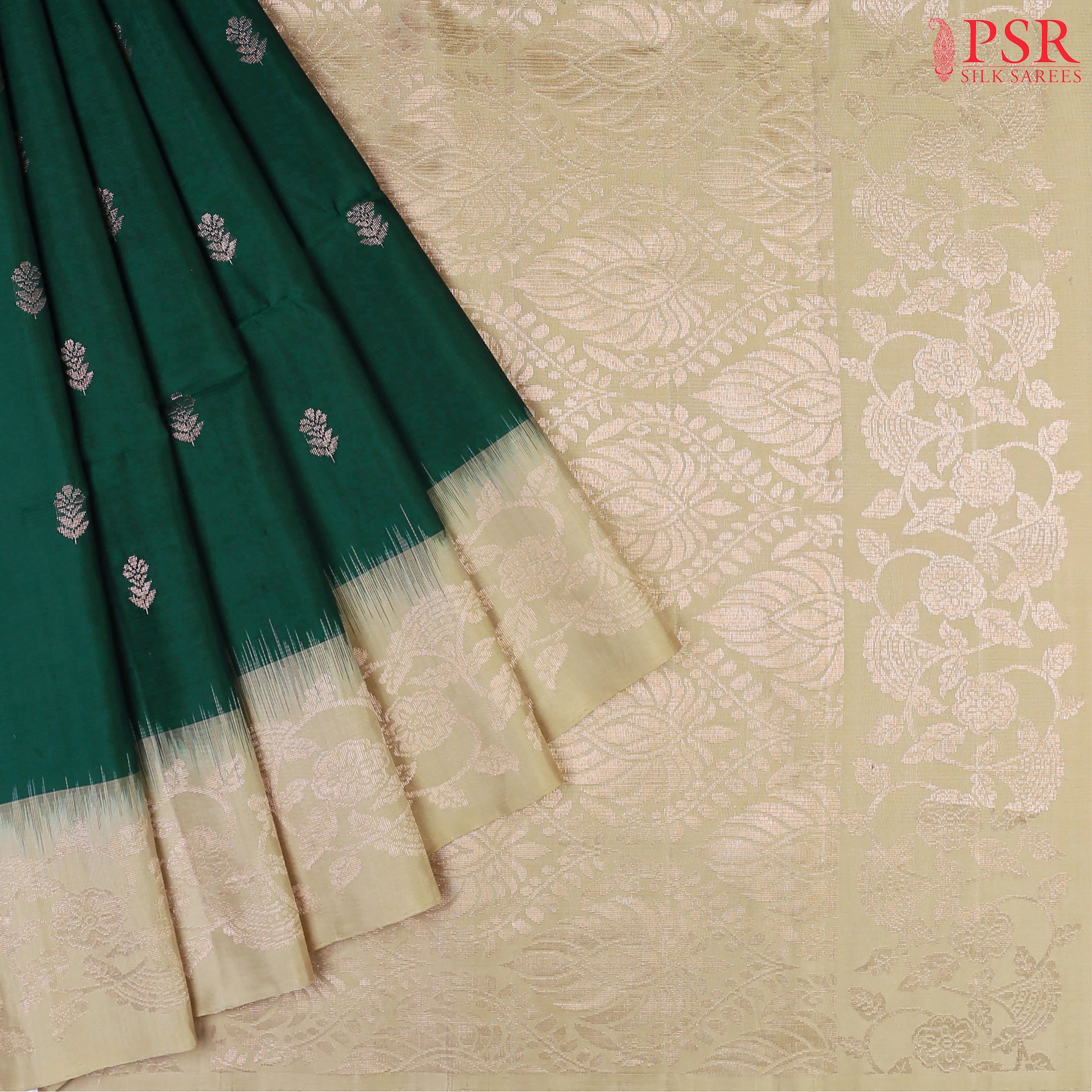 Dark Green & Olive Khaki Soft Silk Saree with Small Copper Zari Floral Motifs, Olive Beige Pallu & Border – PSR Silks