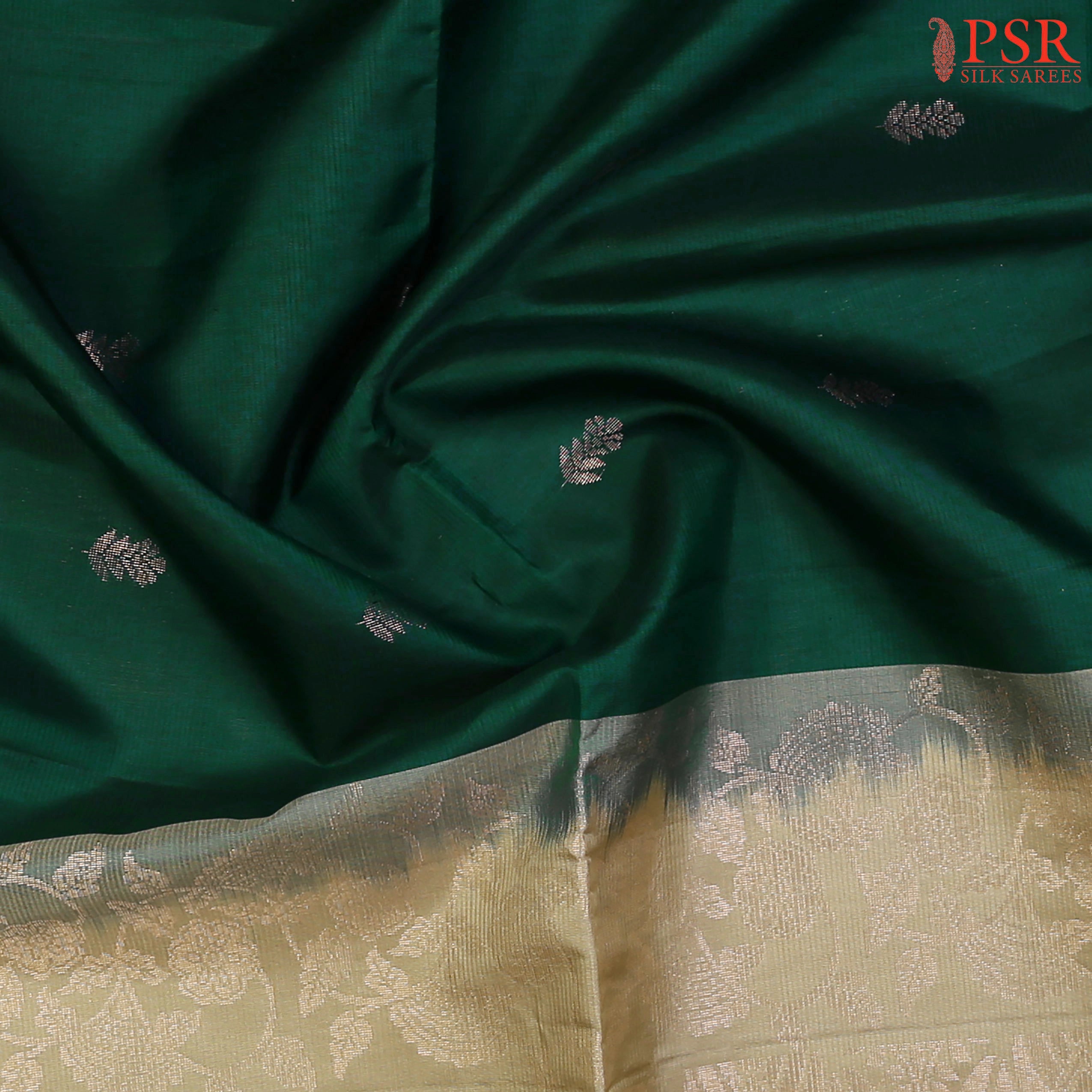 Dark Green & Olive Khaki Soft Silk Saree with Small Copper Zari Floral Motifs, Olive Beige Pallu & Border – PSR Silks