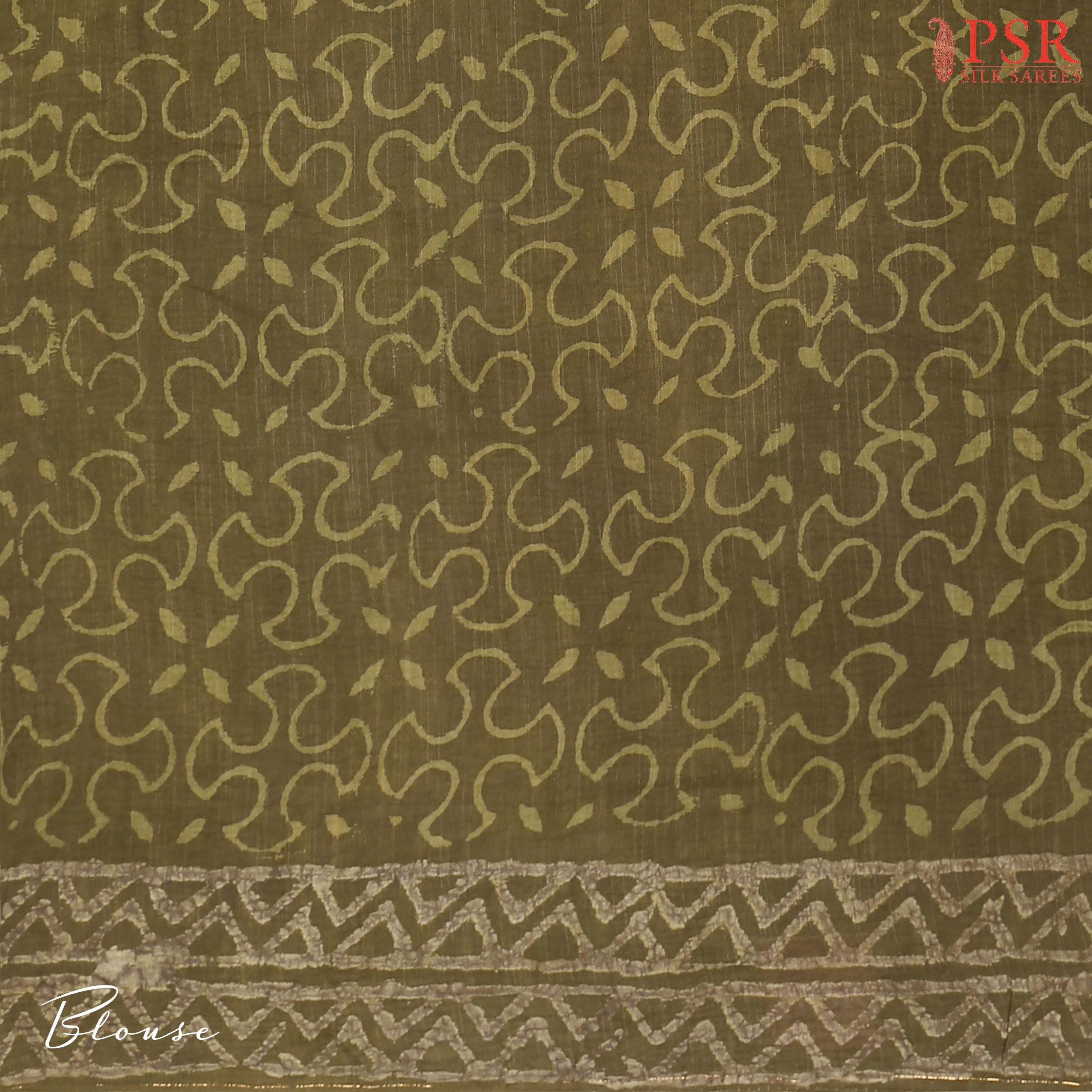 Dark Olive Pure Linen Saree featuring Jaipur-style paisley prints, a printed pallu, border, and a matching printed blouse.