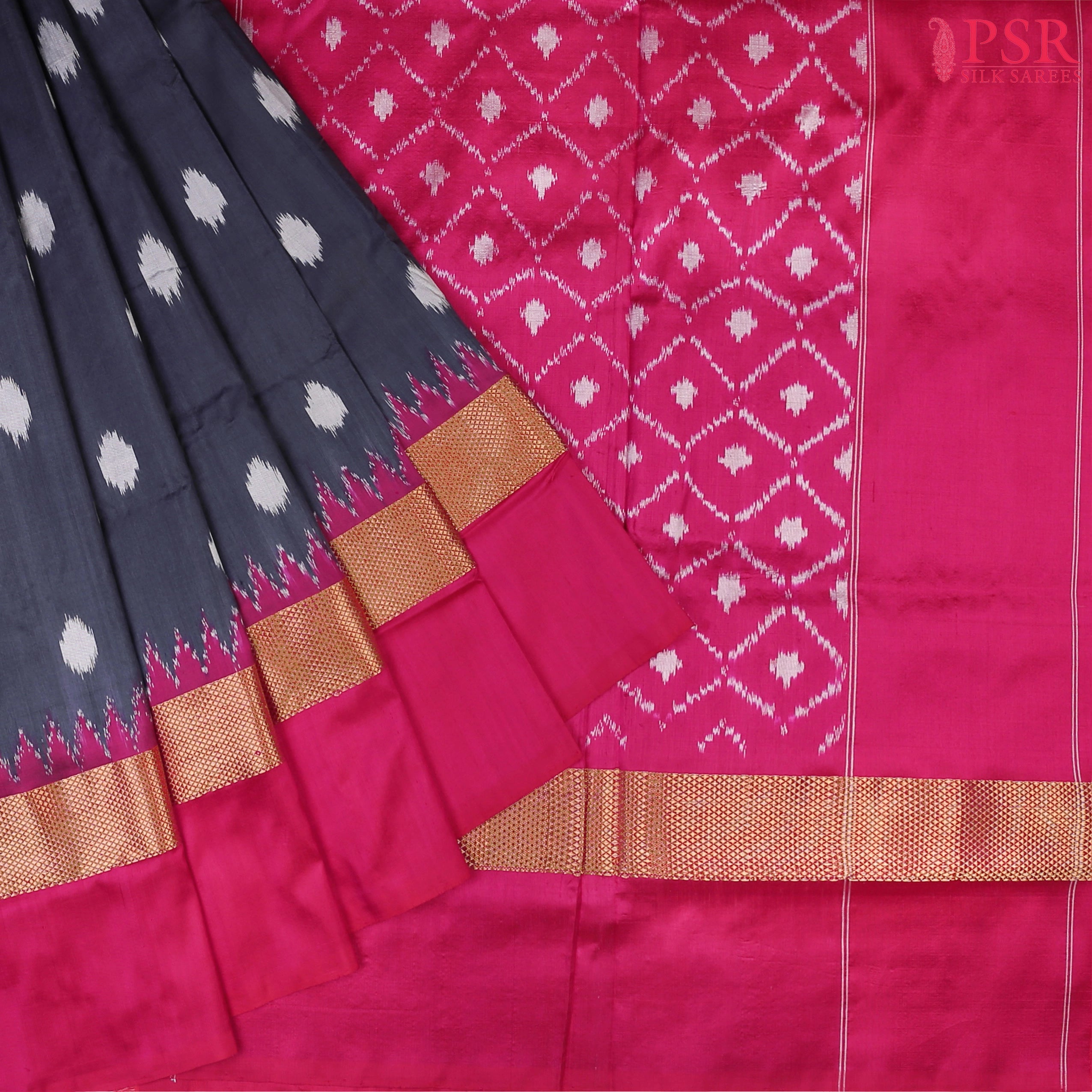 This Dark Slate Grey &amp; Hot Pink Pochampally Silk Saree from PSR Silk Sarees is a statement of elegance and tradition.