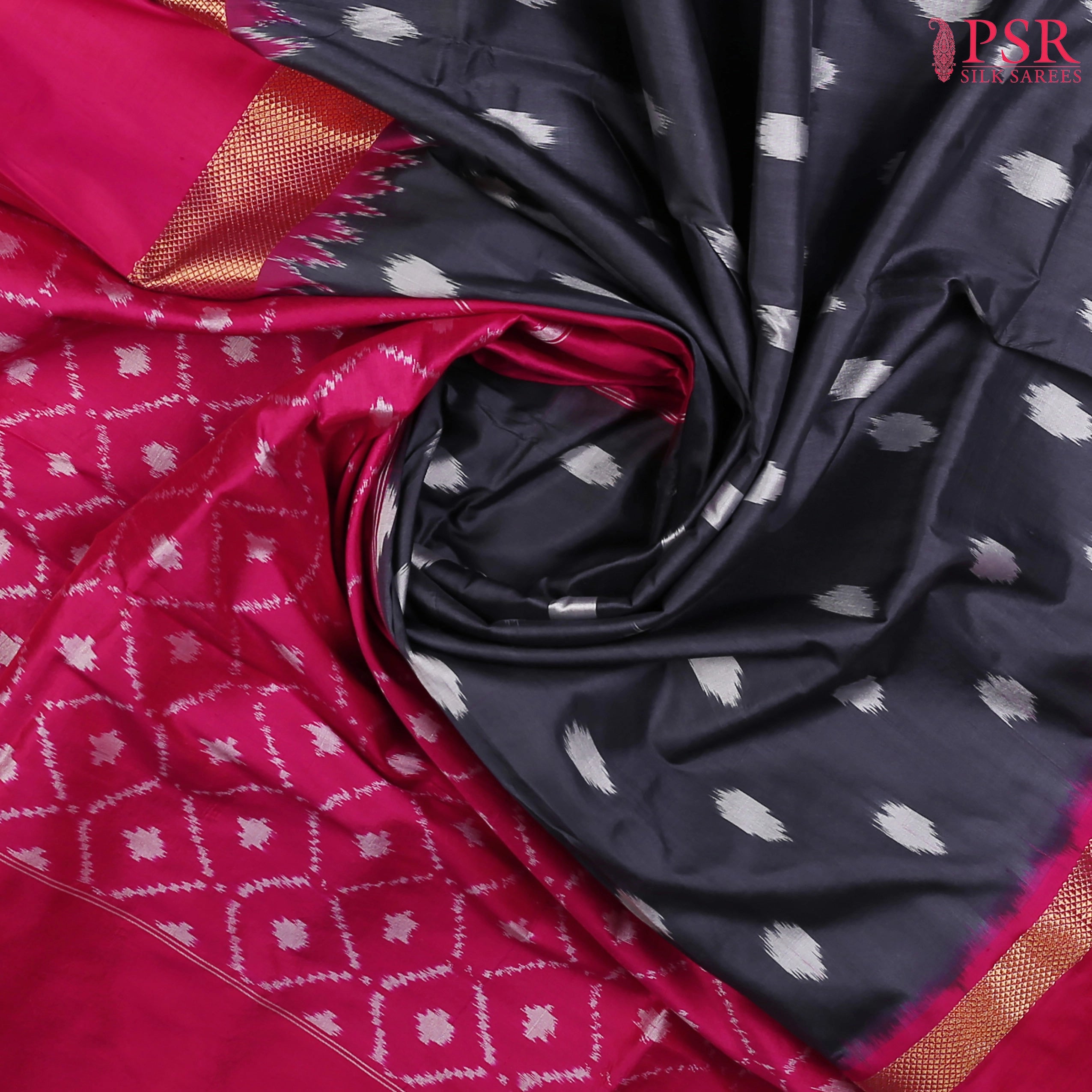 This Dark Slate Grey &amp; Hot Pink Pochampally Silk Saree from PSR Silk Sarees is a statement of elegance and tradition.