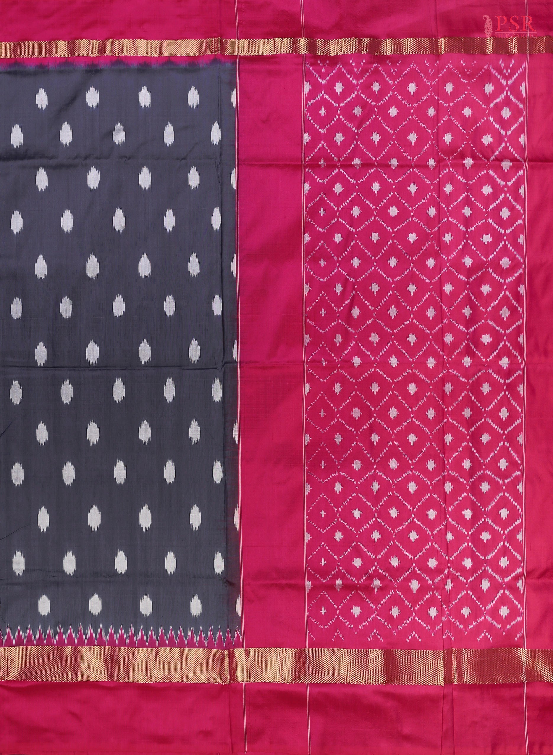 This Dark Slate Grey &amp; Hot Pink Pochampally Silk Saree from PSR Silk Sarees is a statement of elegance and tradition.