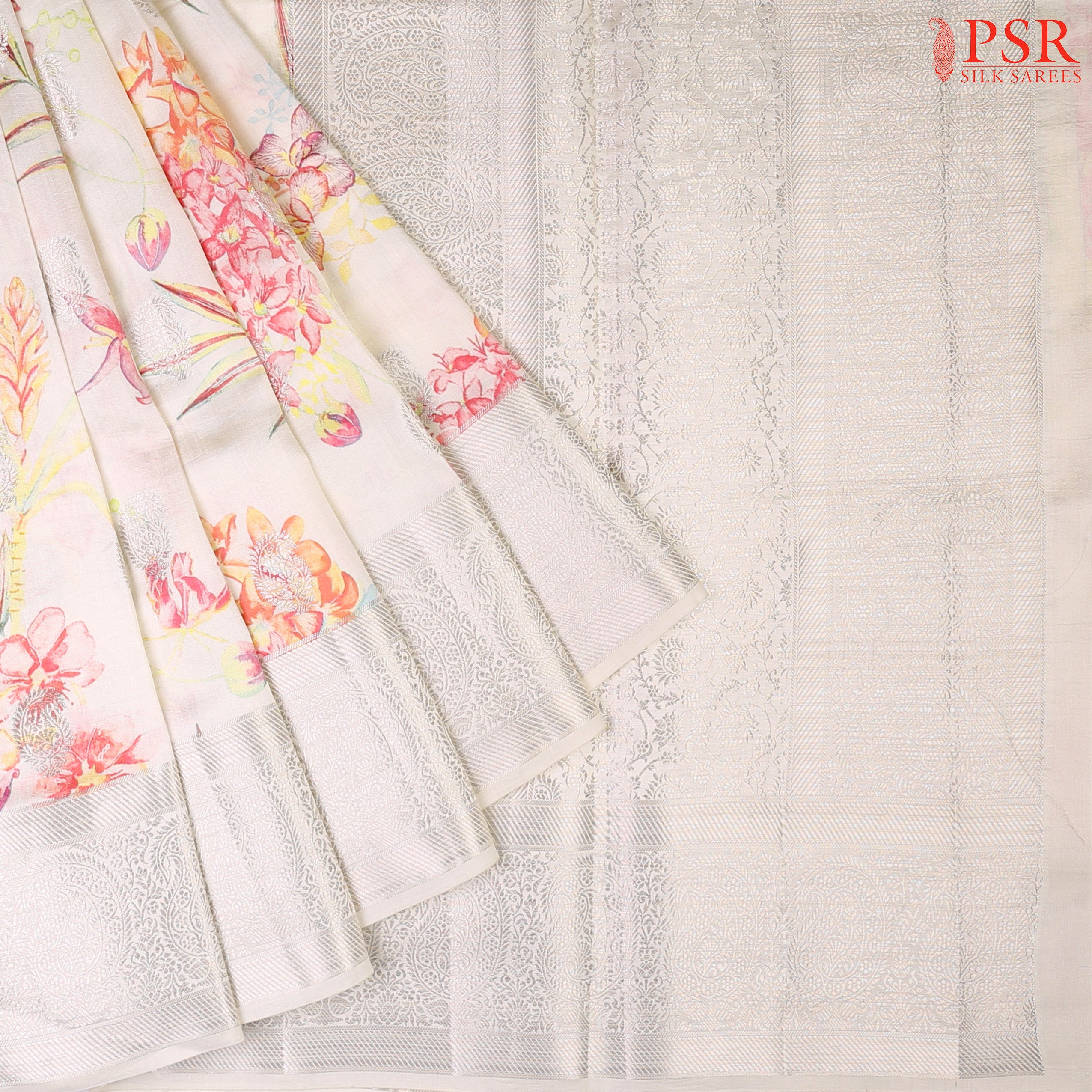 Drape yourself in elegance with our Floral Beige Chiniya Silk Saree, a soft and delicate creation that radiates charm.