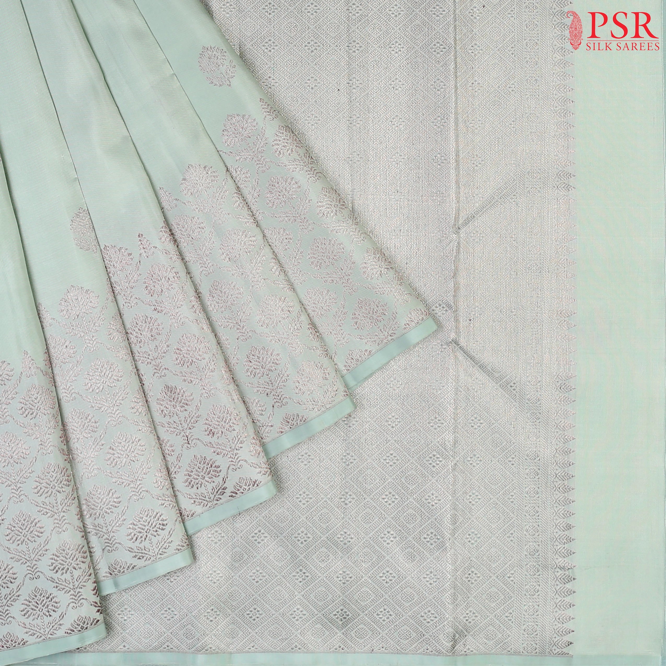 Fresh Mint Kanchipuram Silk Saree with mixed silver zari small floral motifs, silver zari pallu & border, and a matching blouse.