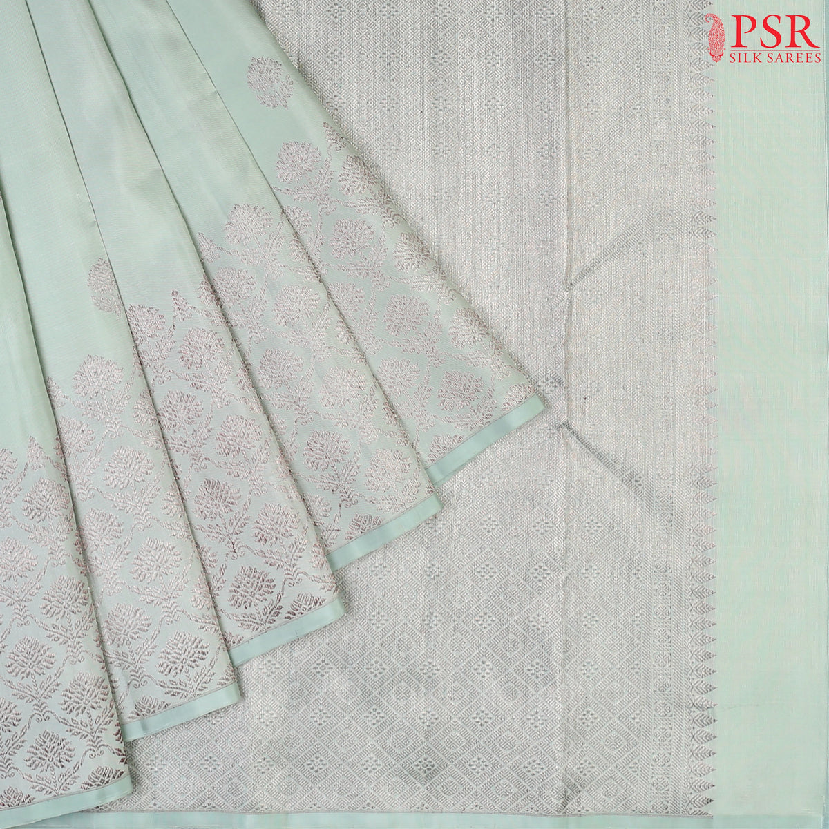 Fresh Mint Kanchipuram Silk Saree with mixed silver zari small floral motifs, silver zari pallu & border, and a matching blouse.