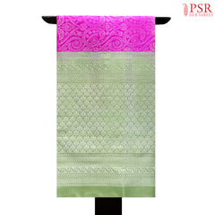 Behold the opulence of PSR Silks with our latest creation – a magnificent Fuchsia Pink Soft Silk saree complemented by the freshness of Sprout Green. 