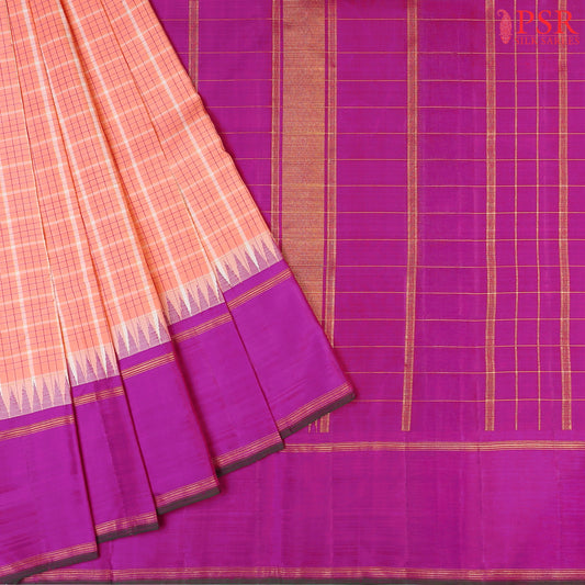 Georgia Peach Kanchipuram Silk Saree with Checkered Weave Pattern, Vadamalli Purple Zari Chit Work Pallu & Temple Border, Paired with a Zari Striped Blouse – PSR Silks