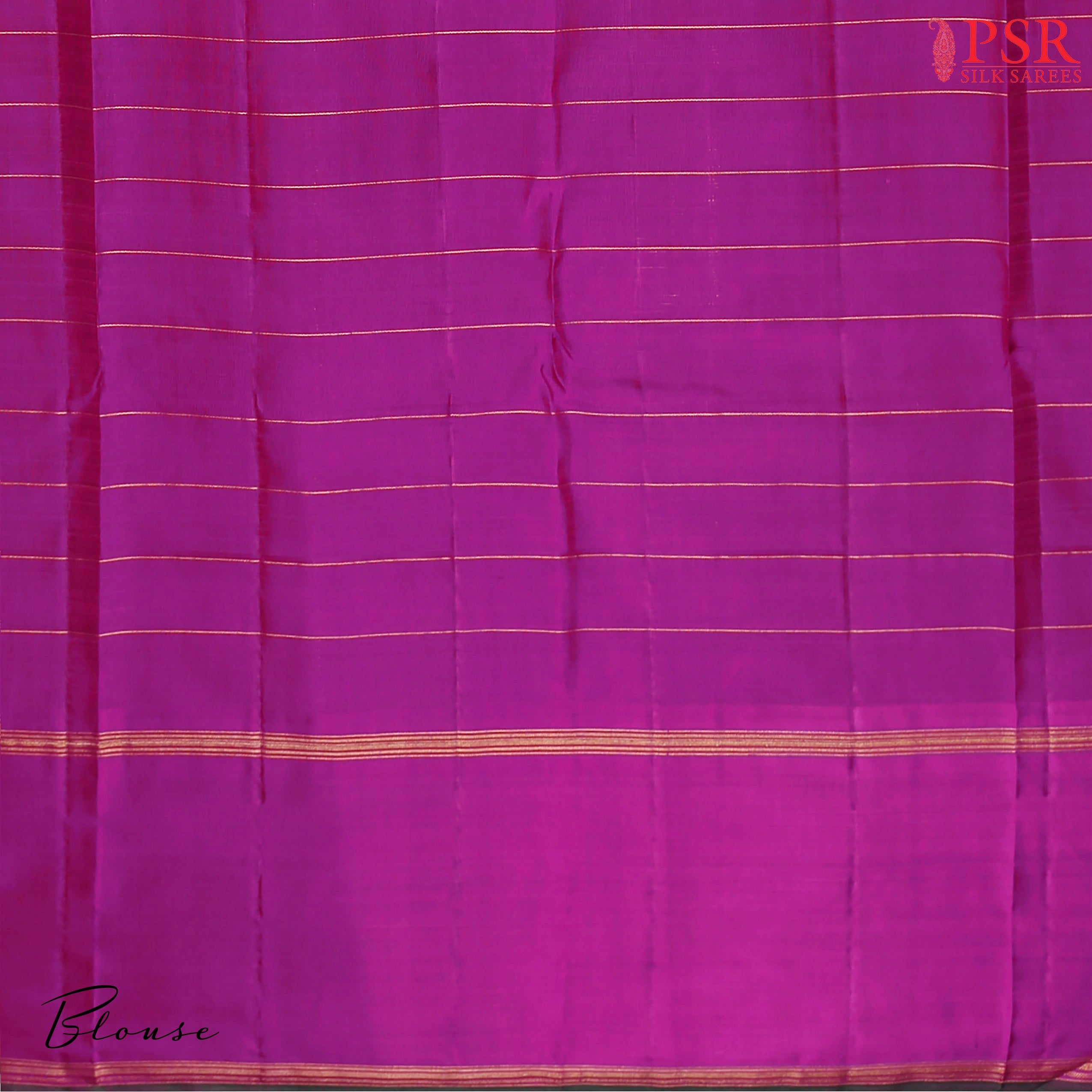 Georgia Peach Kanchipuram Silk Saree with Checkered Weave Pattern, Vadamalli Purple Zari Chit Work Pallu & Temple Border, Paired with a Zari Striped Blouse – PSR Silks