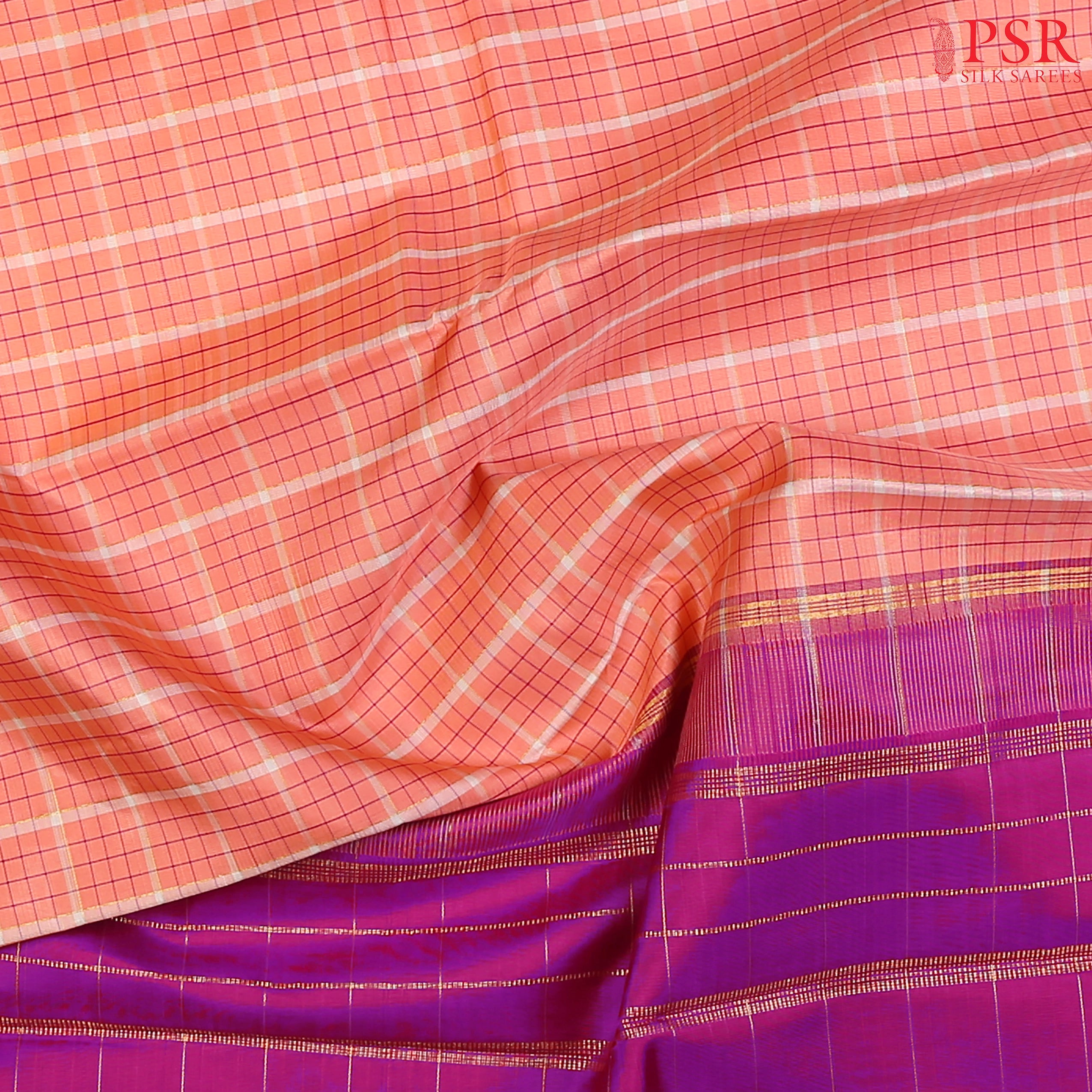 Georgia Peach Kanchipuram Silk Saree with Checkered Weave Pattern, Vadamalli Purple Zari Chit Work Pallu & Temple Border, Paired with a Zari Striped Blouse – PSR Silks