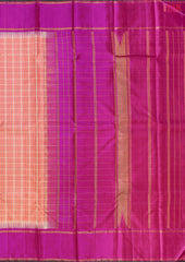 Georgia Peach Kanchipuram Silk Saree with Checkered Weave Pattern, Vadamalli Purple Zari Chit Work Pallu & Temple Border, Paired with a Zari Striped Blouse – PSR Silks