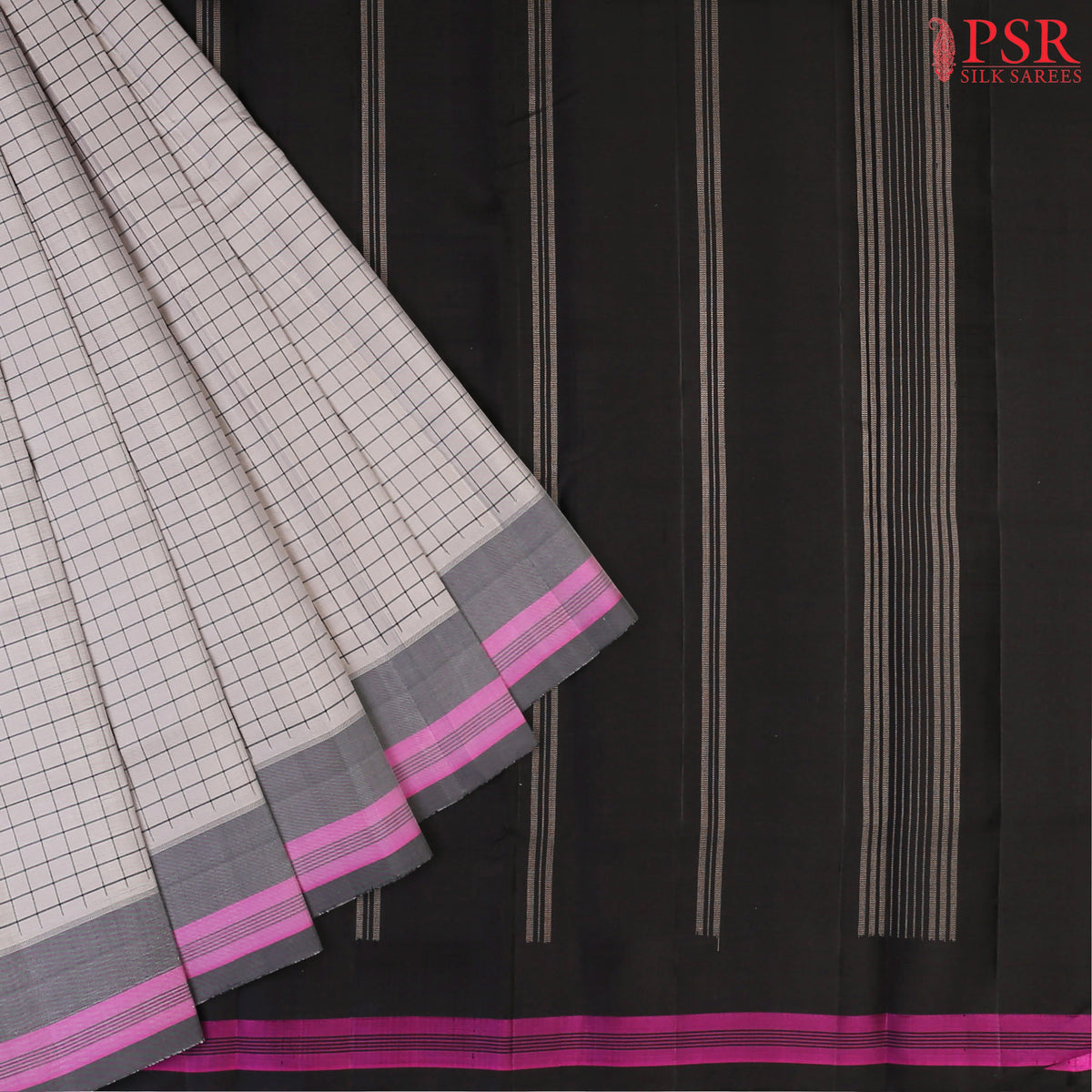 This Grey & Black Arani Silk Saree from PSR Silk Sarees is a refined blend of tradition and elegance