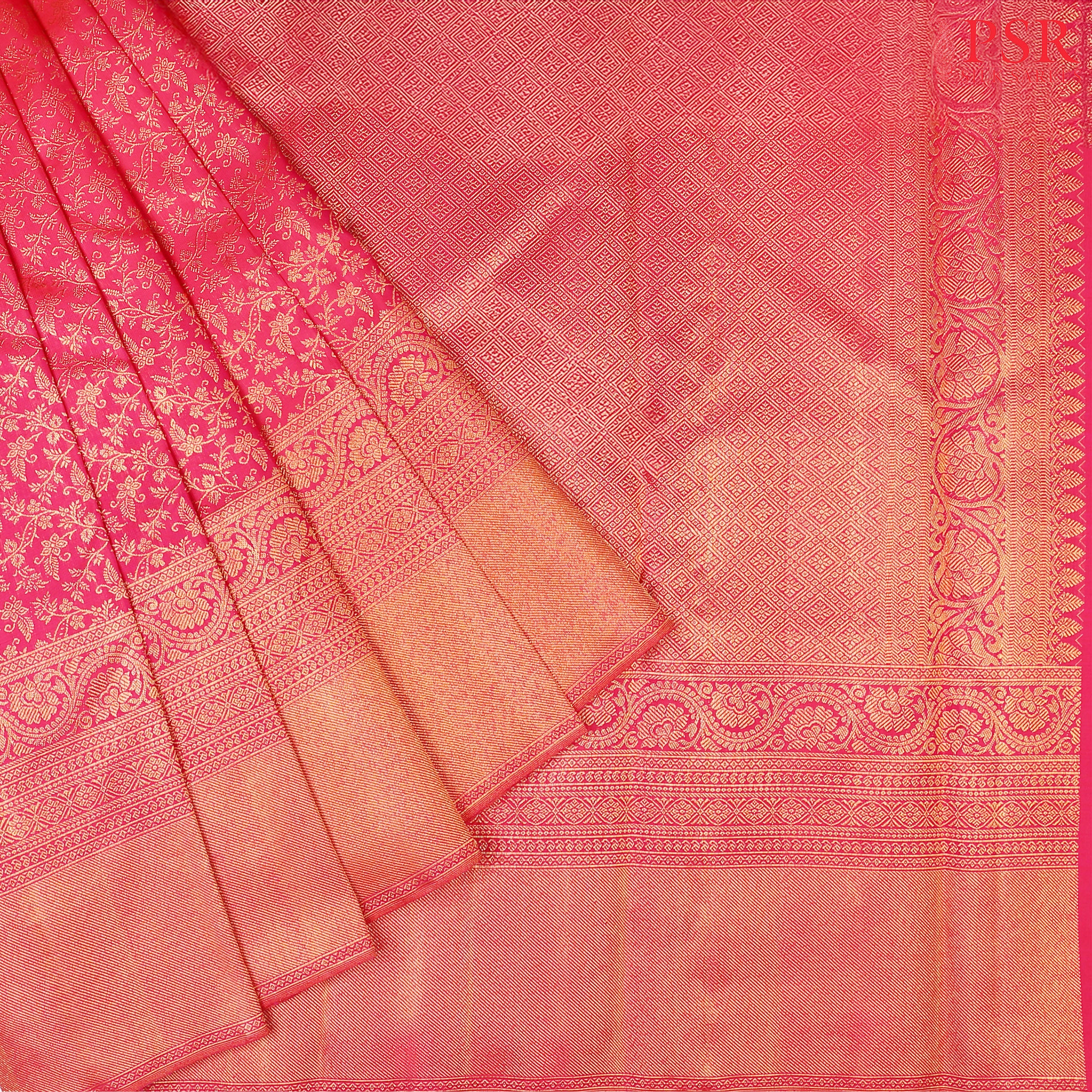 This Hot Pink Kanchipuram Silk Saree from PSR Silk Sarees is a striking masterpiece from the "Vaichitrya Kanjivaram" collection