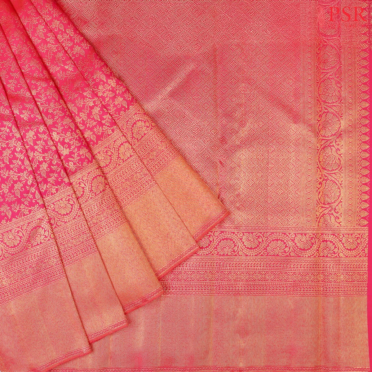 This Hot Pink Kanchipuram Silk Saree from PSR Silk Sarees is a striking masterpiece from the "Vaichitrya Kanjivaram" collection