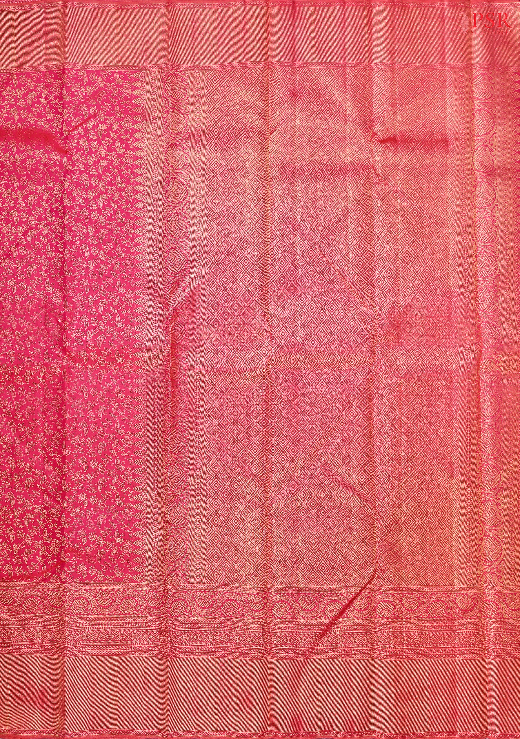 This Hot Pink Kanchipuram Silk Saree from PSR Silk Sarees is a striking masterpiece from the "Vaichitrya Kanjivaram" collection