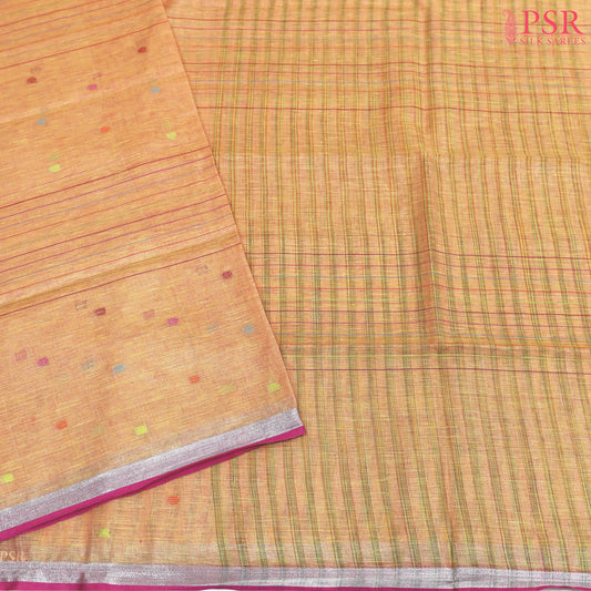 Cantaloupe Peach Cotton Linen Saree