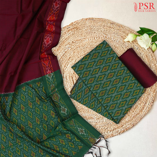 Emerald Green & Auburn Pochampally Silk Cotton Dress Material