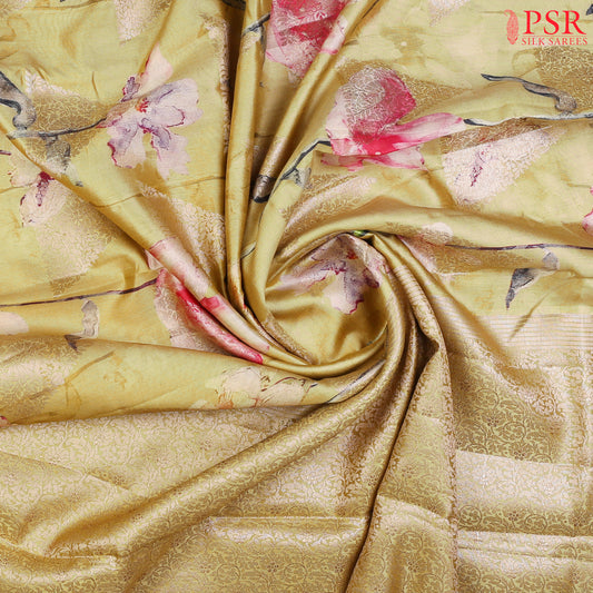 Olive Yellow Chiniya Silk Saree