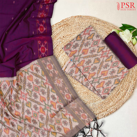 Beige & Dark Purple Pochampally Silk Cotton Dress Material