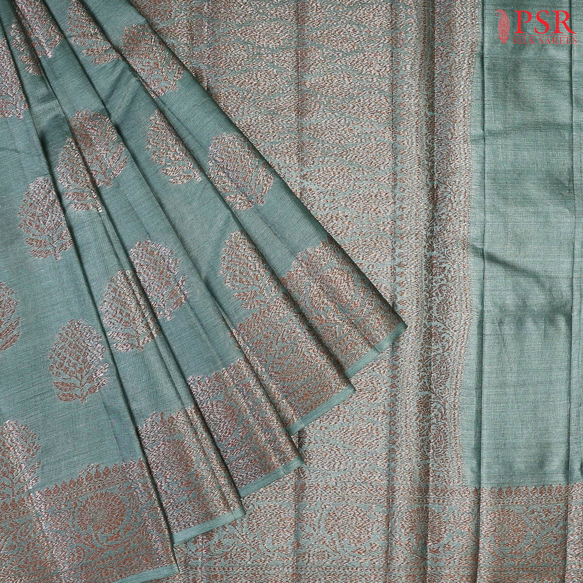 Turquoise Grey Banaras Tussar Silk Saree