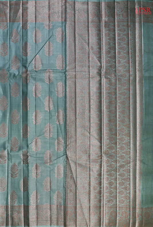 Turquoise Grey Banaras Tussar Silk Saree