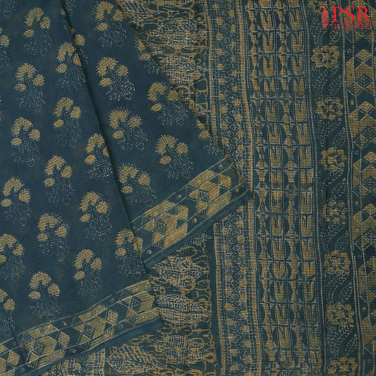 Deep Peacock Blue Kota Print Cotton Saree