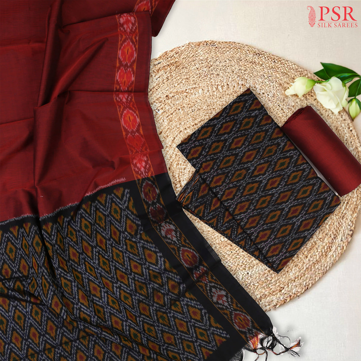 Black & Maroon Pochampally Silk Cotton Dress Material