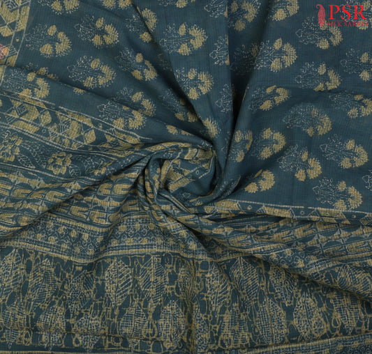 Deep Peacock Blue Kota Print Cotton Saree